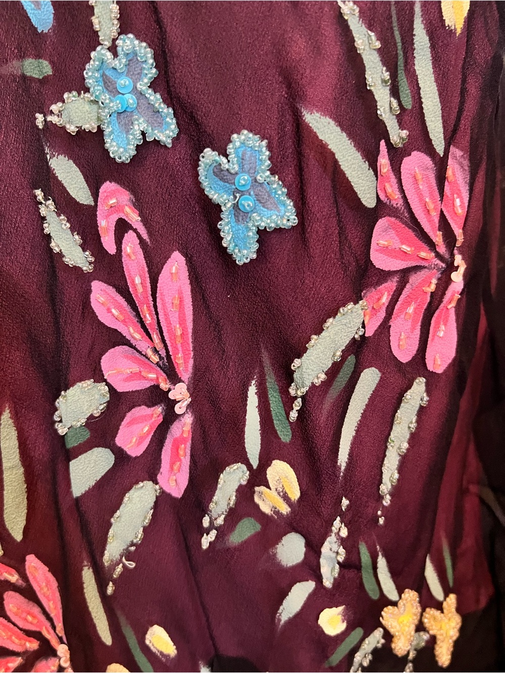 Vintage Betsey Johnson New York Silk Sheer Mesh Painted Beaded Floral Slip Dress - Picture 10 of 14